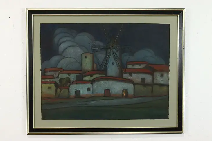 Palma Majorca Windmill Vintage Original Pastel on Paper, Ayllon 38.5" #40056