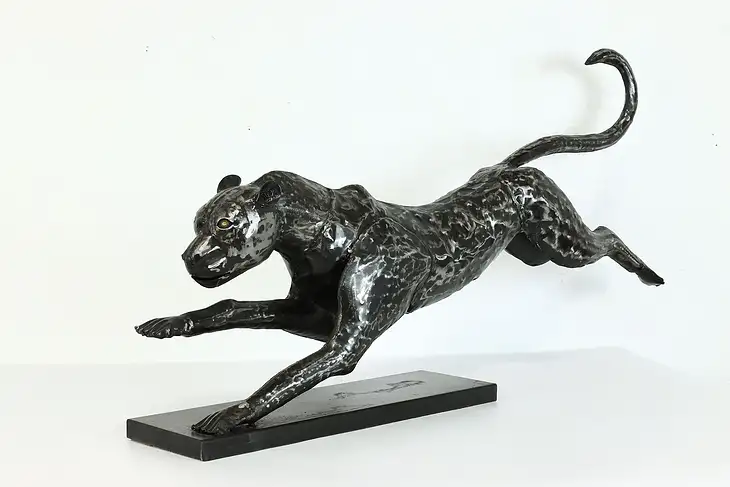 Burnished Steel Vintage Sculpture of Cheetah in Motion Statue #40185