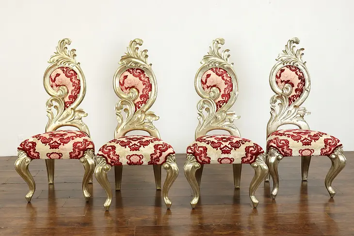 Set of 4 Vintage Hollywood Regency Silver Gilt Dining or Game Chairs #40275