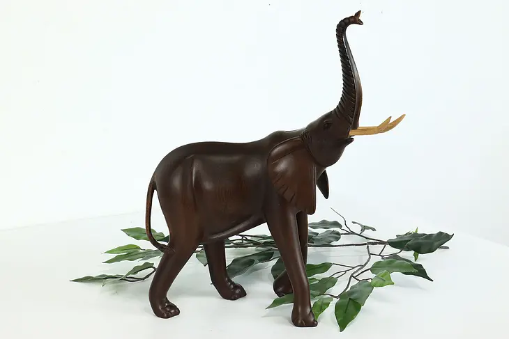 African Vintage Statue Traditional Carved Roaring Elephant Sculpture #39963