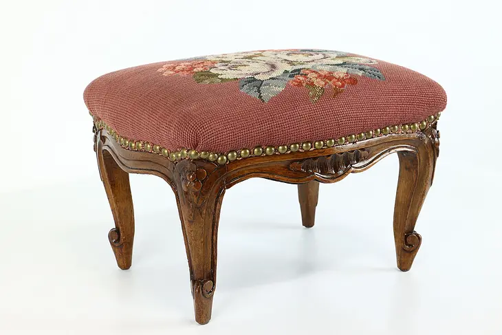 Country French Carved Antique Footstool, Needlepoint Upholstery #39965