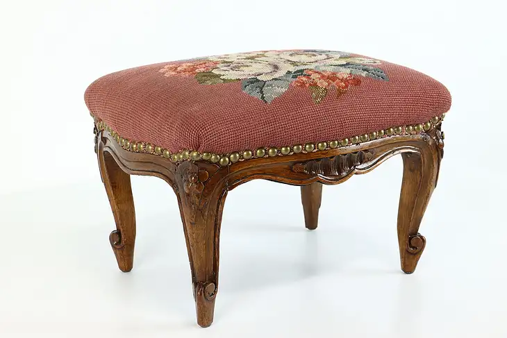 Country French Carved Antique Footstool, Needlepoint Upholstery #39965