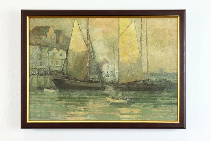 Sailboats at Harbor Vintage Original Oil Painting, Custom Frame 21.5"  #39884