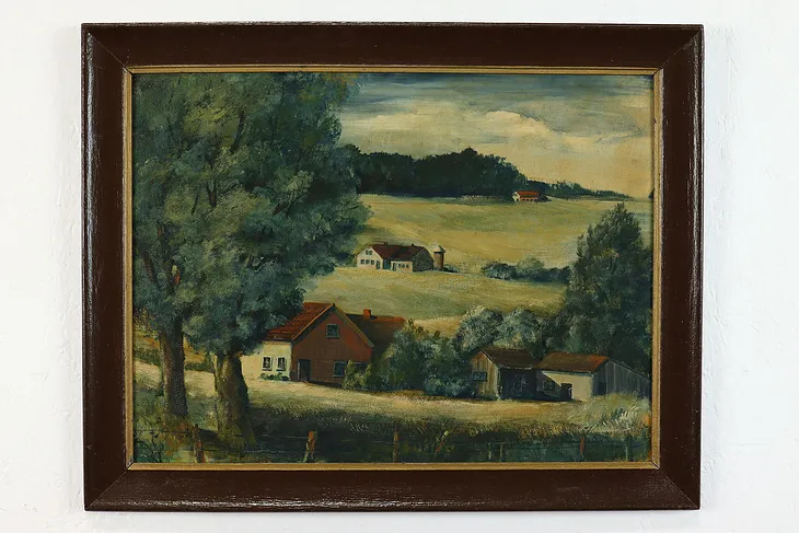 Farmhouses and Fields Antique Original Oil Painting, Hammar 23.5" #40188