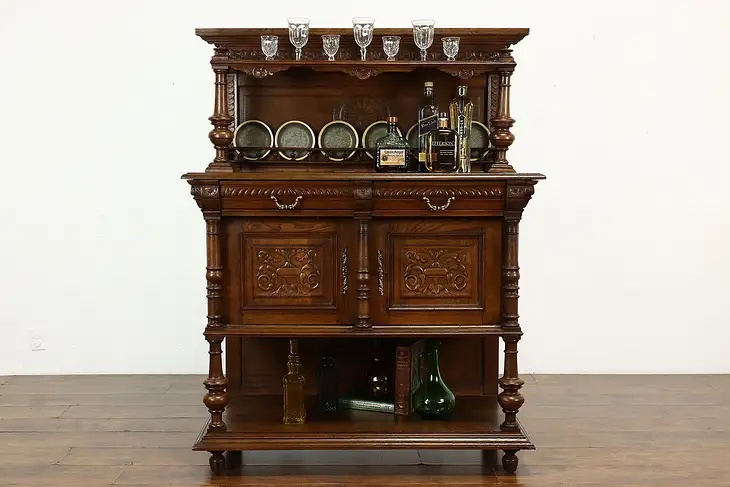 Italian Renaissance Antique Carved Oak Sideboard, Backbar, or Buffet #34570