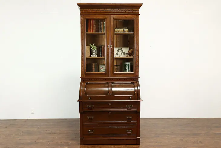 Victorian Eastlake Antique Walnut Cylinder Secretary Desk & Bookcase #38937