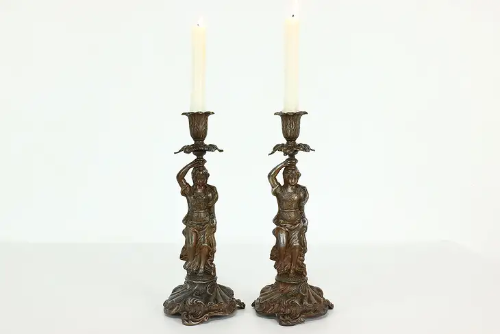 Pair of Antique Classical Sculpture Figure Spelter Metal Candlesticks #39966