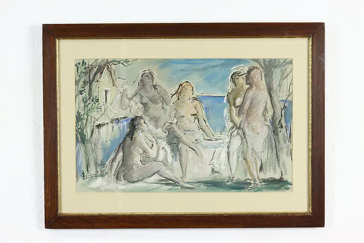 Women Bathing Vintage Original Pastel & Watercolor Painting, 21.5" #38912