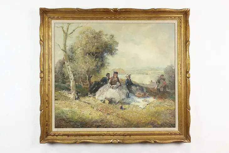 Picnic & Lake Landscape Vintage Original Oil Painting, Gschossmann 37.5" #39615