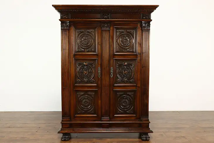 Italian Renaissance Antique Carved Fruitwood Armoire, Wardrobe, Bookcase #39636