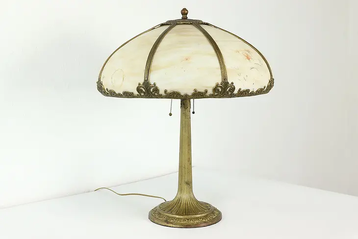 Neoclassical 8 Panel Stained Glass Shade Antique Office or Library Lamp #39622