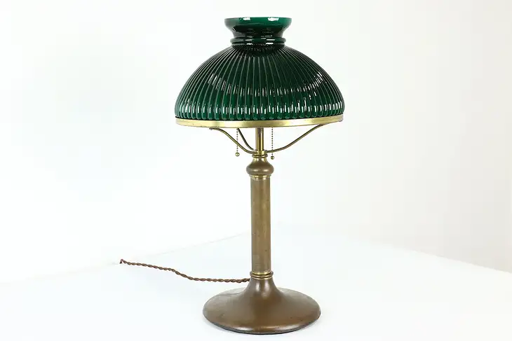 Victorian Antique Green Glass Shade Office or Library Table Lamp #40396