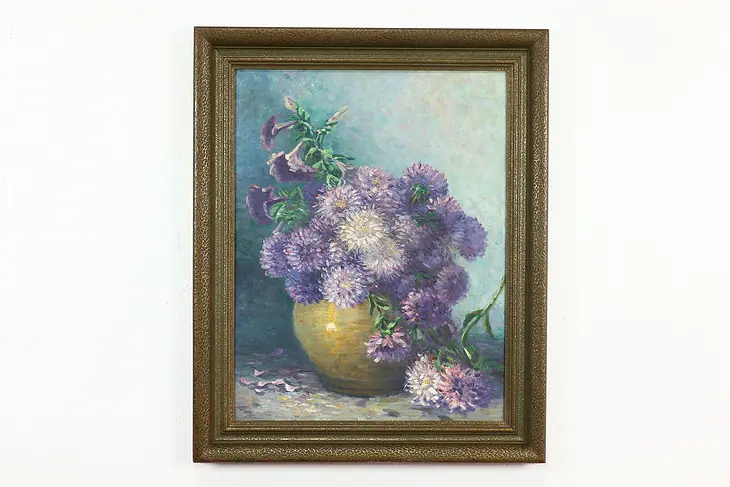 Purple Zinnias in Vase Still Life Antique Original Oil Painting, 33" #40158