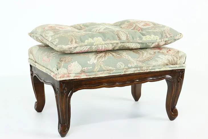 Country French Vintage Carved Fruitwood Foot Stool, Floral Upholstery #40479