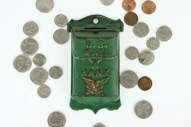 Cast Iron Antique Hanging US Mail Mailbox Coin Bank, Original Paint #40530