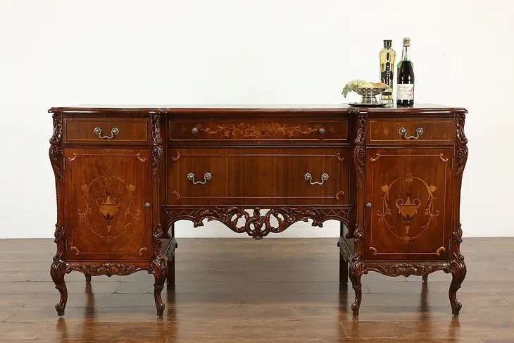 French Style Vintage Carved Walnut & Marquetry Sideboard, Server, Buffet #40373
