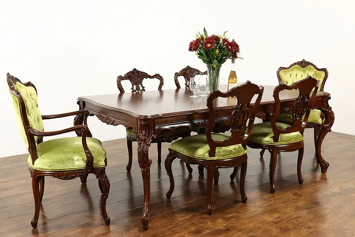 French Style Vintage Carved Walnut Dining Set, Table, 2 Leaves, 6 Chairs #40156