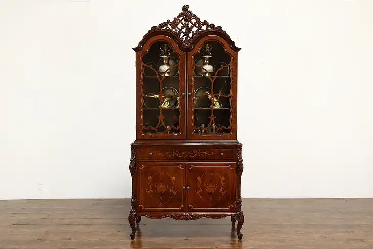 French Style Vintage Carved Walnut Marquetry China Curio Display Cabinet #40374