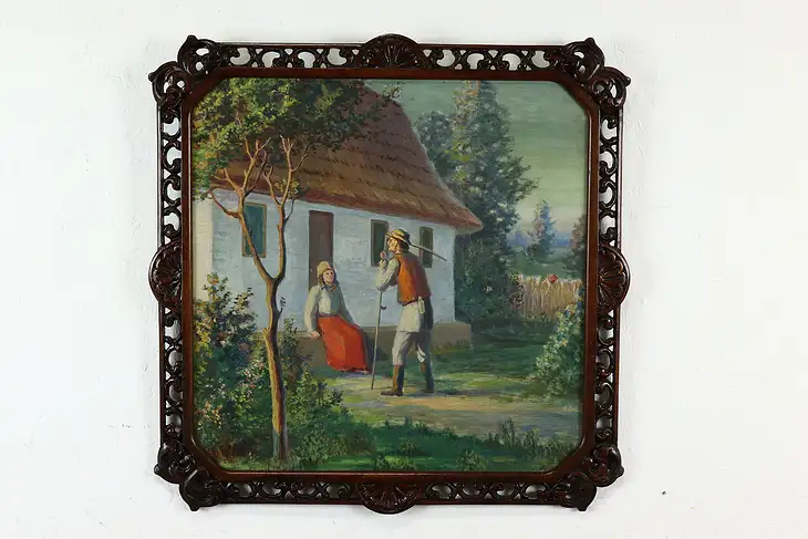 Farmer & Wife with Cottage Antique Original Oil Painting, 25.5" #40154