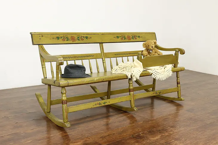 Farmhouse Antique 1840 Rocking Bench, Baby Guard, Hand Painted #40359
