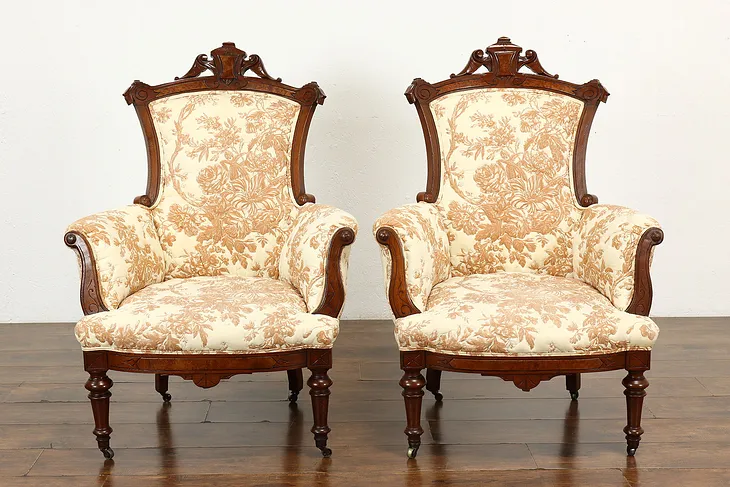 Pair of Victorian Renaissance Antique Walnut & Burl Chairs #40517