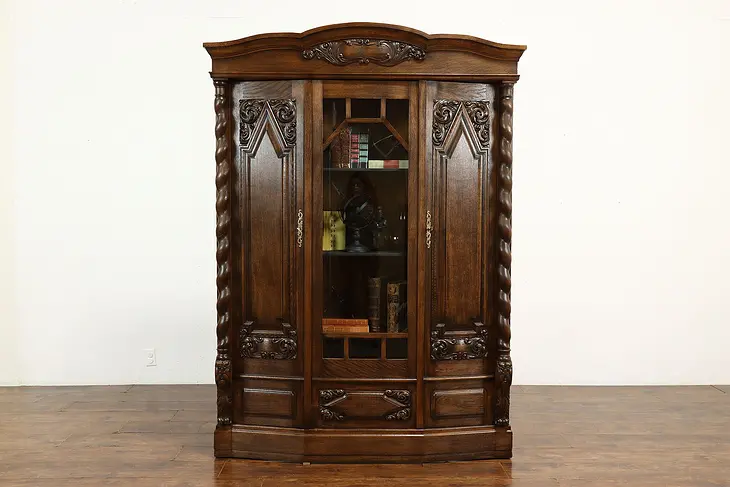 Renaissance Carved German Antique Oak China Cabinet or Office Bookcase #40282