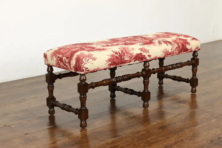 Traditional Vintage Ash Hall or Bedroom Bench, Toile Upholstery #40317