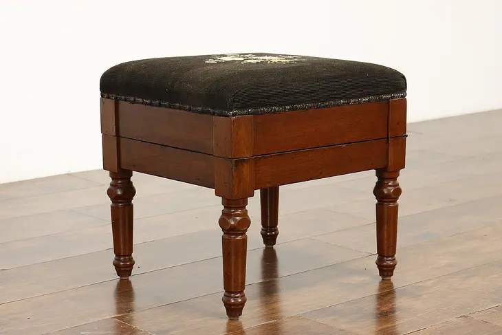 Victorian Antique Walnut Footstool, Shoeshine Compartment, Brushes #39801