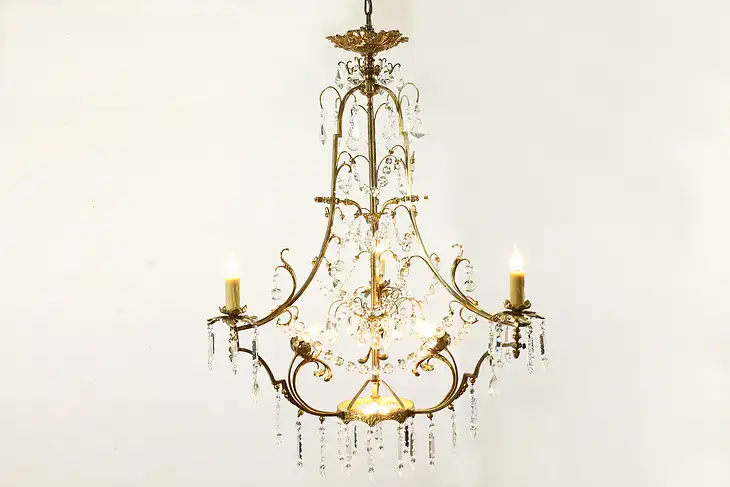 French Rococo Antique 5' Bronze Electrified Gas Chandelier Crystal Prisms #39858