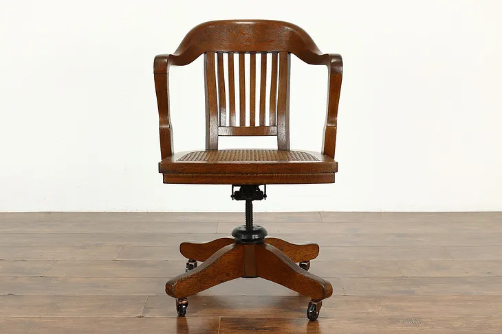 Oak Quarter Sawn Antique Swivel Adjustable Cane Seat Office Desk Chair #37440