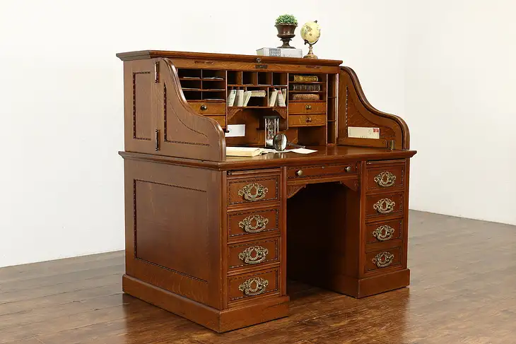 Victorian Antique Oak S Roll Top Office or Library Desk, Derby Boston #40173