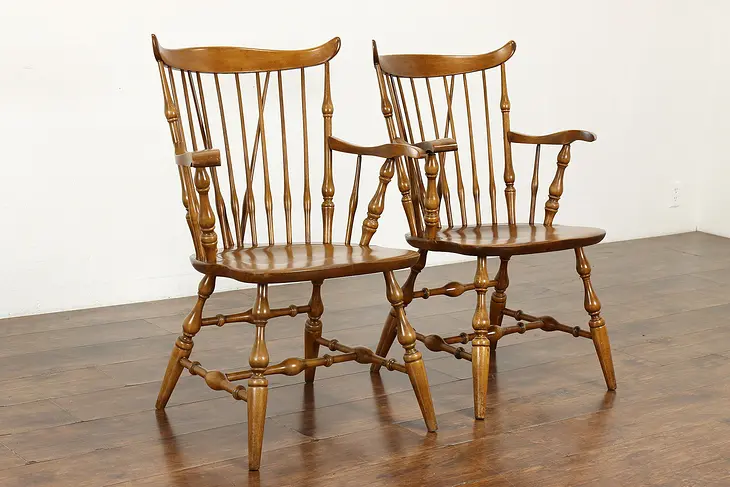 Pair of Farmhouse Vintage Birch Windsor Dining Chairs, Nichols & Stone #37752