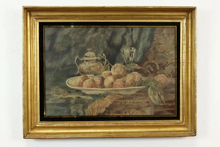 Still Life & Fruit Antique Original Needlework & Watercolor Painting 31" #40003