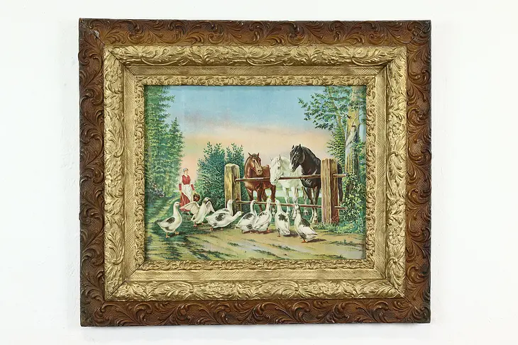Victorian Antique Horses & Geese on a Farm Print, Original Frame 30.5"  #39559