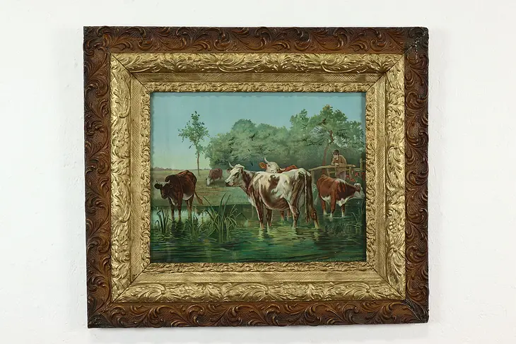 Victorian Period Antique Cows Grazing in River Print Original Frame 30.5" #39558