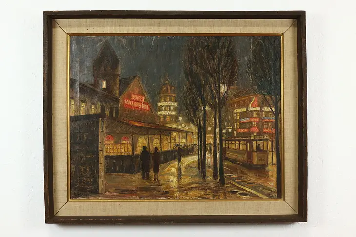 Berlin Evening Street Scene Vintage Original Oil Painting, Roberti 37.5" #39347