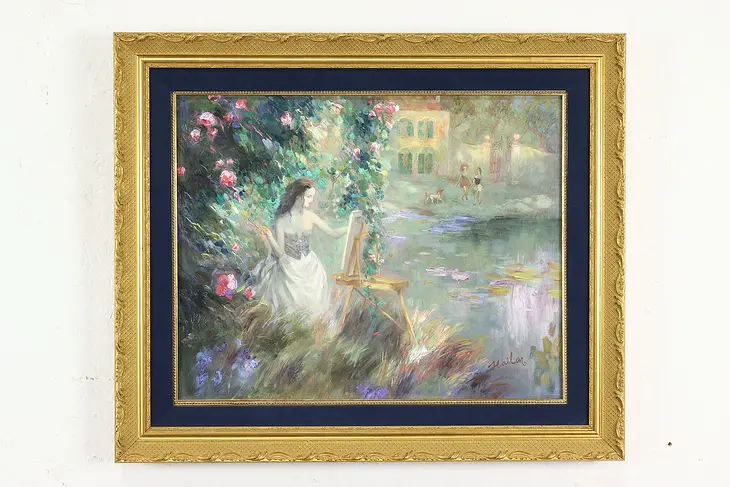 The Garden Easel Vintage Original Oil Painting, Hailan Gong 25" #40302