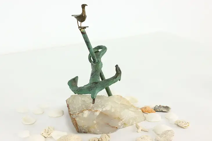 Verdigris Iron Anchor & Seagull on Quartz Base Vintage Sculpture #40602