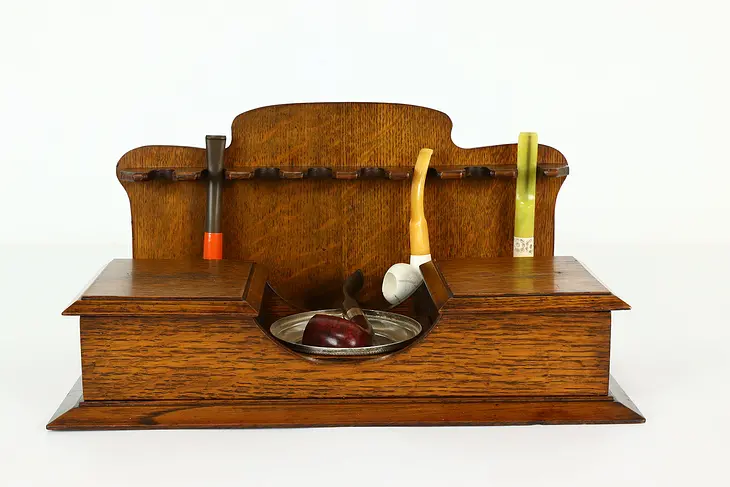 English Antique Oak Smoking Set, 4 Pipes Incl Meerschaum Head & Ashtray #40398
