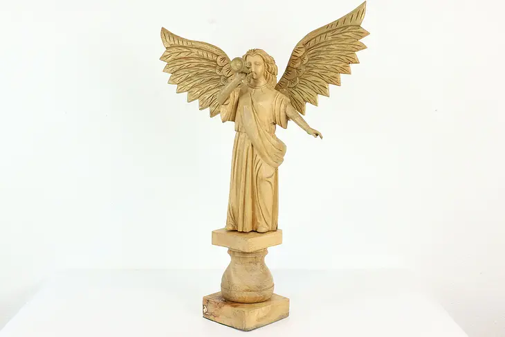 Angel with Trumpet Vintage Carved Teak Sculpture, Pedestal Base #40523