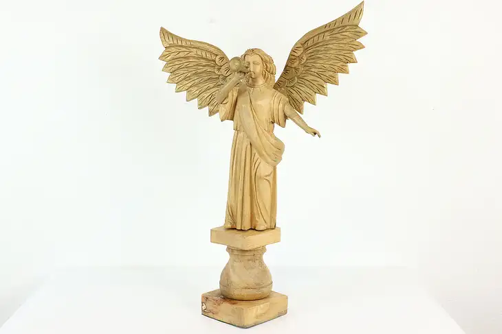 Angel with Trumpet Vintage Carved Teak Sculpture, Pedestal Base #40523