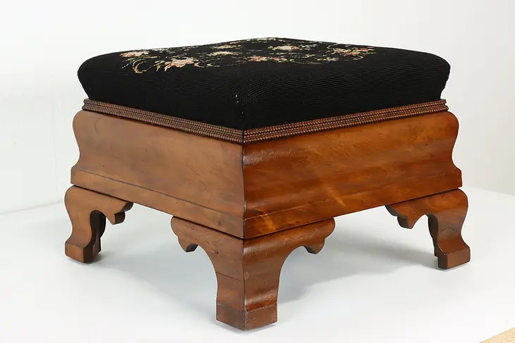 Empire Antique Carved Flame Mahogany Needlepoint Footstool #40521