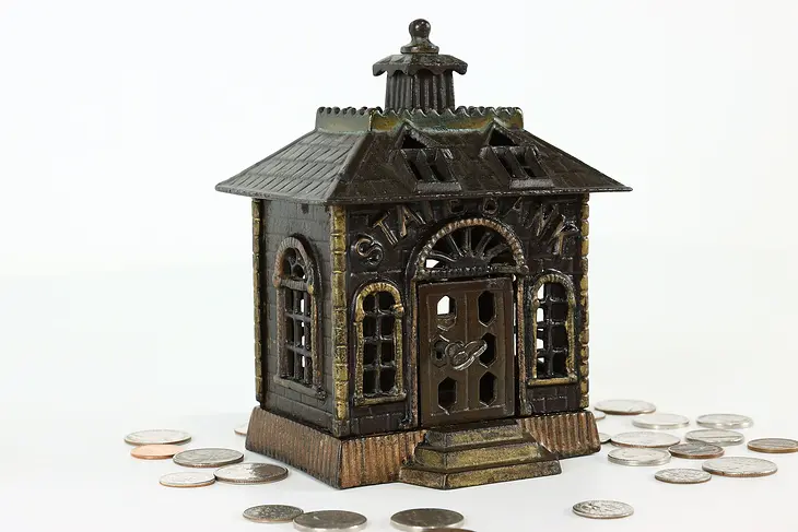 Victorian Cast Iron Antique State Bank Coin Bank, Lock & Key #40542