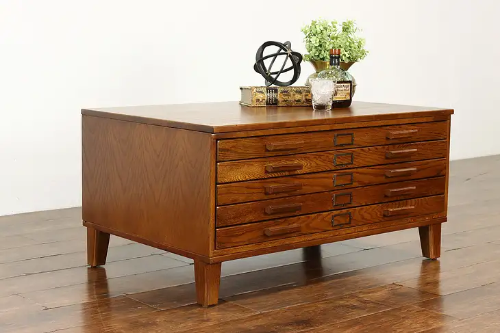 Oak Vintage 5 Drawer Mi Industrial Map File, Collector Chest Coffee Table #39257