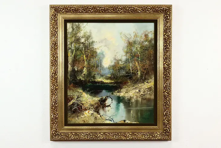 Autumn Forest & River Landscape Vintage Original Oil Painting, 41" #39712