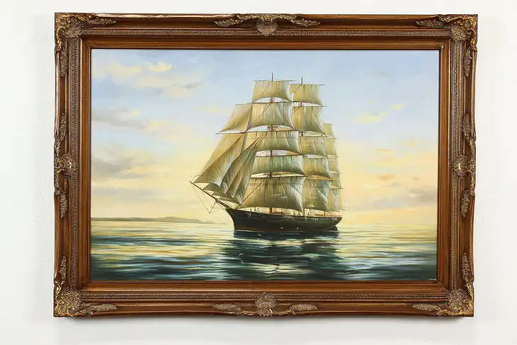 Clipper Ship at Sea Vintage Original Oil Painting, Gold Frame 43" #40304