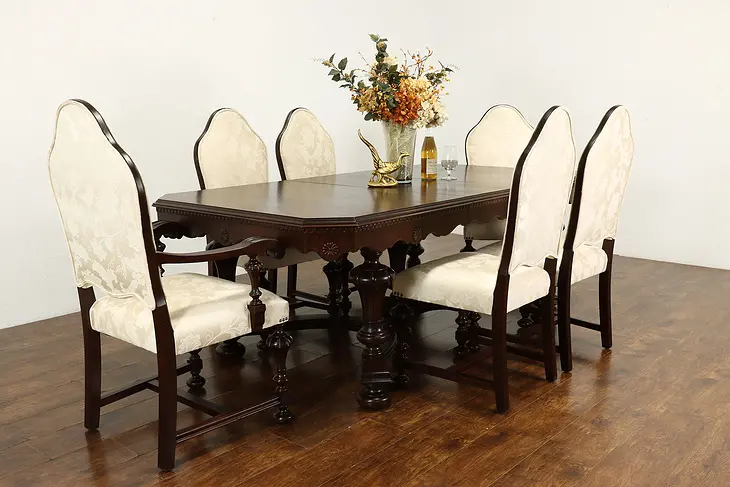 Tudor Antique Carved Walnut Dining Set, Table & Leaf, 6 Chairs, Rockford #36142