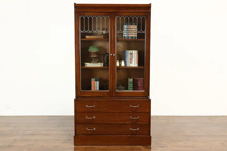 Arts & Crafts Mission Oak Antique Bookcase, Display Cabinet, Leaded Glass #40380