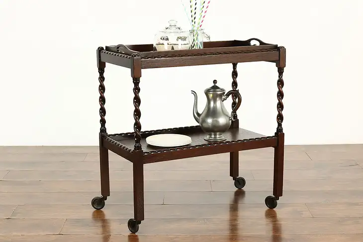 Arts & Crafts Mission Oak Antique Rolling Bar or Tea Cart, Serving Tray #39069