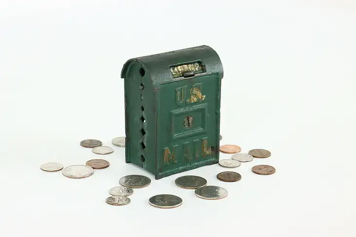 Cast Iron Antique US Mail Mailbox Coin Bank, Hinged Lid, Original Paint #40534